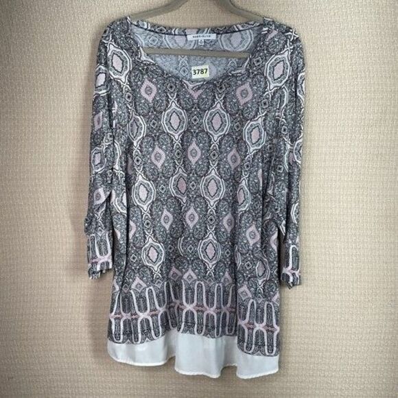 NWOT Rose & Olive Flowy Long Sleeve Blouse Tunic Top Women Plus Size 3X Gray/Pin - Picture 10 of 11